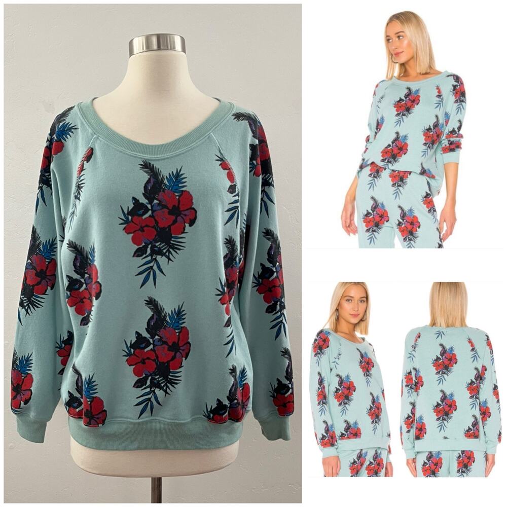 Wildfox Hibiscus Dreams Sweatshirt Women's XS Blue Tropical Hawaiian Floral